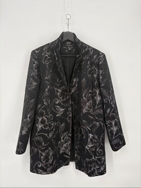 🐸 Louben Black wool blend Floral Jacquard Longline Blazer